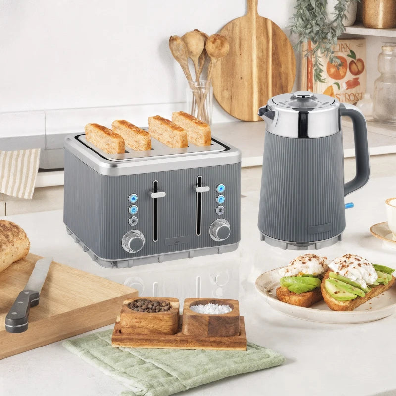 Electric Stainless Steel Kettle & Toaster Set - 3000W Fast Boil 1.7L Kettle with Strix Thermostat & 4 Slice Toaster, Grey