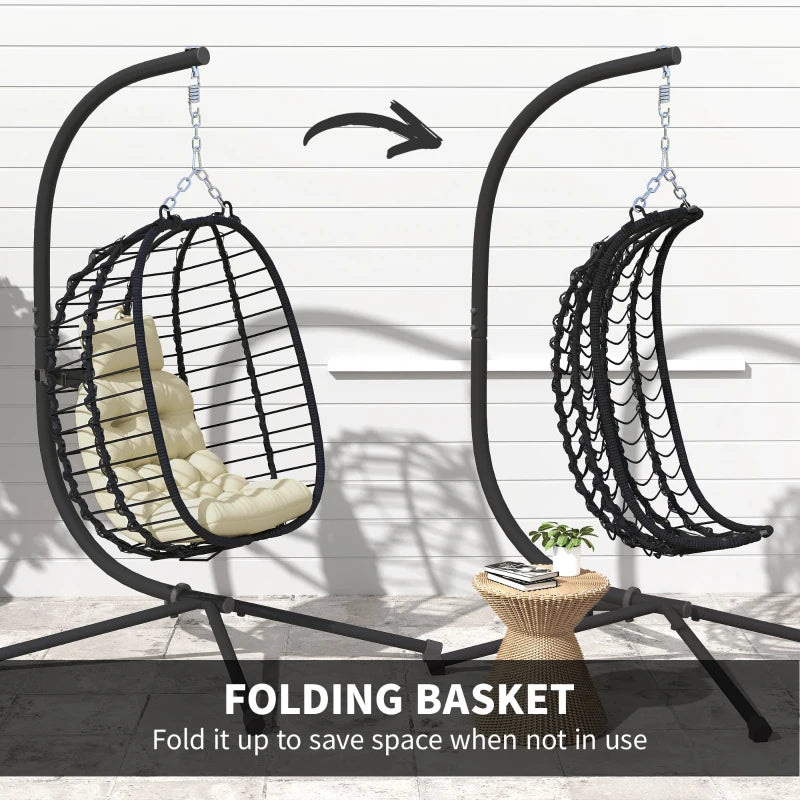 Rattan Hanging Egg Chair with Cushion, Adjustable Height, Steel Frame for Indoor Outdoor Use