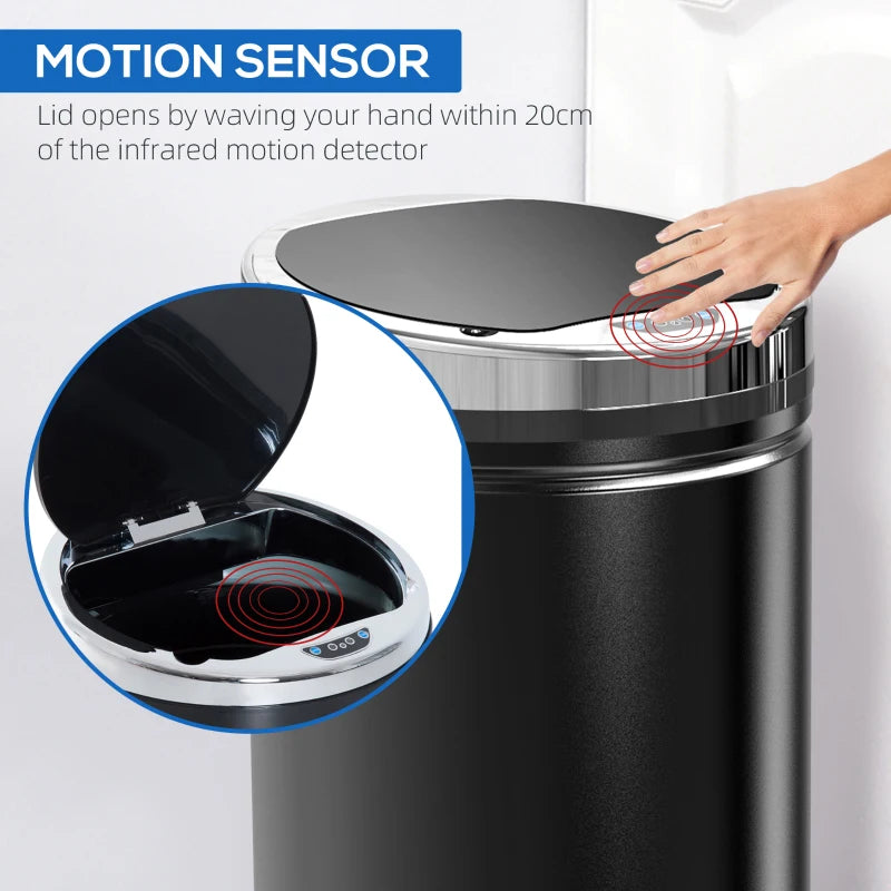 42L Stainless Steel Sensor Bin - Automatic Touch Trash Can with Soft Close & Inner Bucket - Black Kitchen Dustbin