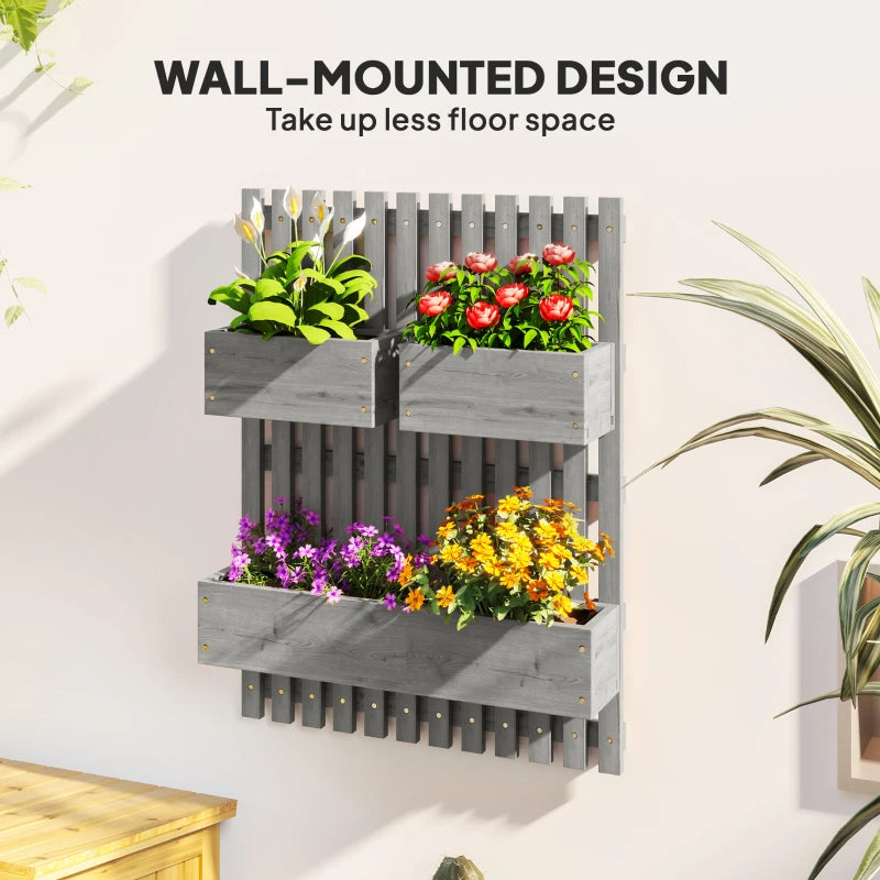 Wall-Mounted Wooden Garden Planters with Trellis - Grey - 3 Planter Boxes with Drainage Holes for Patio - 120cm
