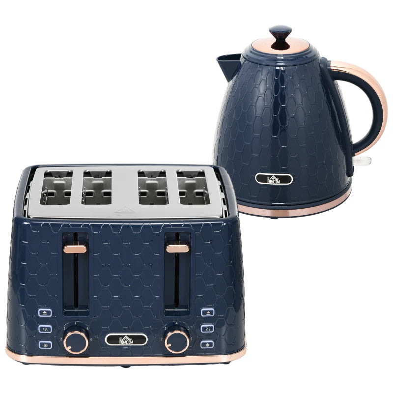 Blue Kettle and Toaster Set - 1.7L Fast Boil Jug Kettle & 4 Slice Toaster with 7 Browning Levels, UK Thermostat
