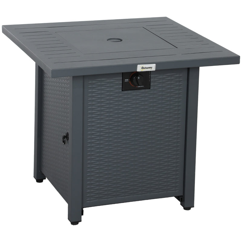 Square Grey Rattan-style Propane Gas Fire Pit Table - 40,000 BTU Smokeless Patio Heater with Thermocouple, Lava Rocks, Waterproof Cover, Spark Guard and Lid