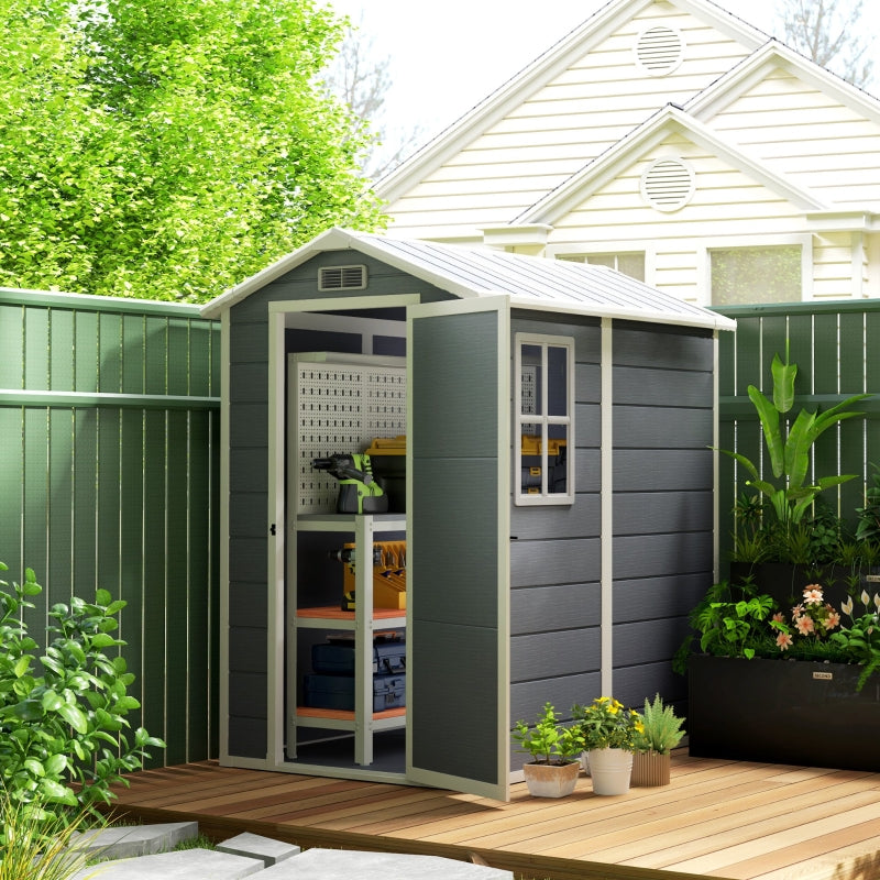 4 x 6ft Grey Plastic Garden Shed - Lockable Tool Storage with Floor, Window & Vents, Zero Maintenance Resin Outdoor Shed