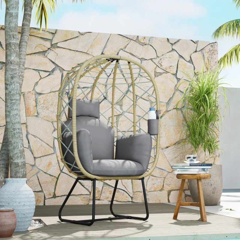 Grey Rattan Egg Chair - Outdoor Indoor Wicker Chair with Thick Cushion & Headrest