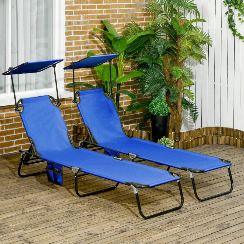 2 Piece Blue Folding Sun Loungers with Canopy - Adjustable Recliner Garden Chairs with Side Pocket, Steel Frame and Breathable Mesh for Outdoor, Pool, Beach, Garden