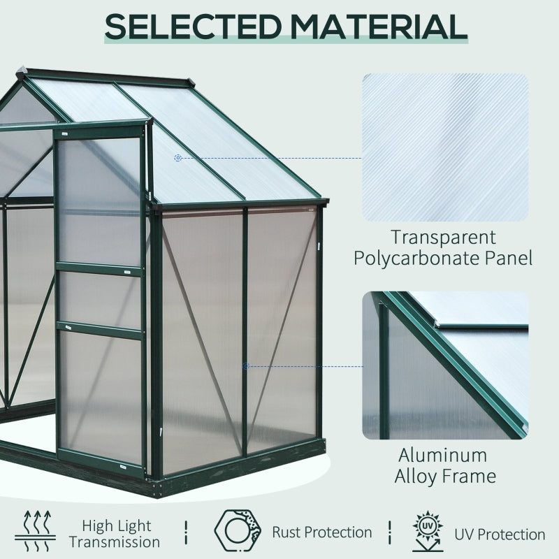6ft x 4ft Walk-In Polycarbonate Greenhouse with Aluminium Frame, Sliding Door & Vent Window – Outdoor Garden Grow House for Plants, Vegetables & Flowers – Dark Green