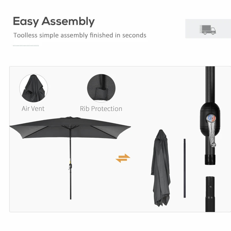 Black Rectangular Garden Parasol Umbrella with Tilt and Crank