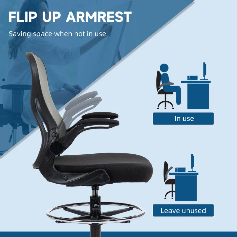 Vinsetto Adjustable Mesh Standing Desk Chair - Flip-up Armrests, Lumbar Support, Adjustable Footrest, Dark Grey