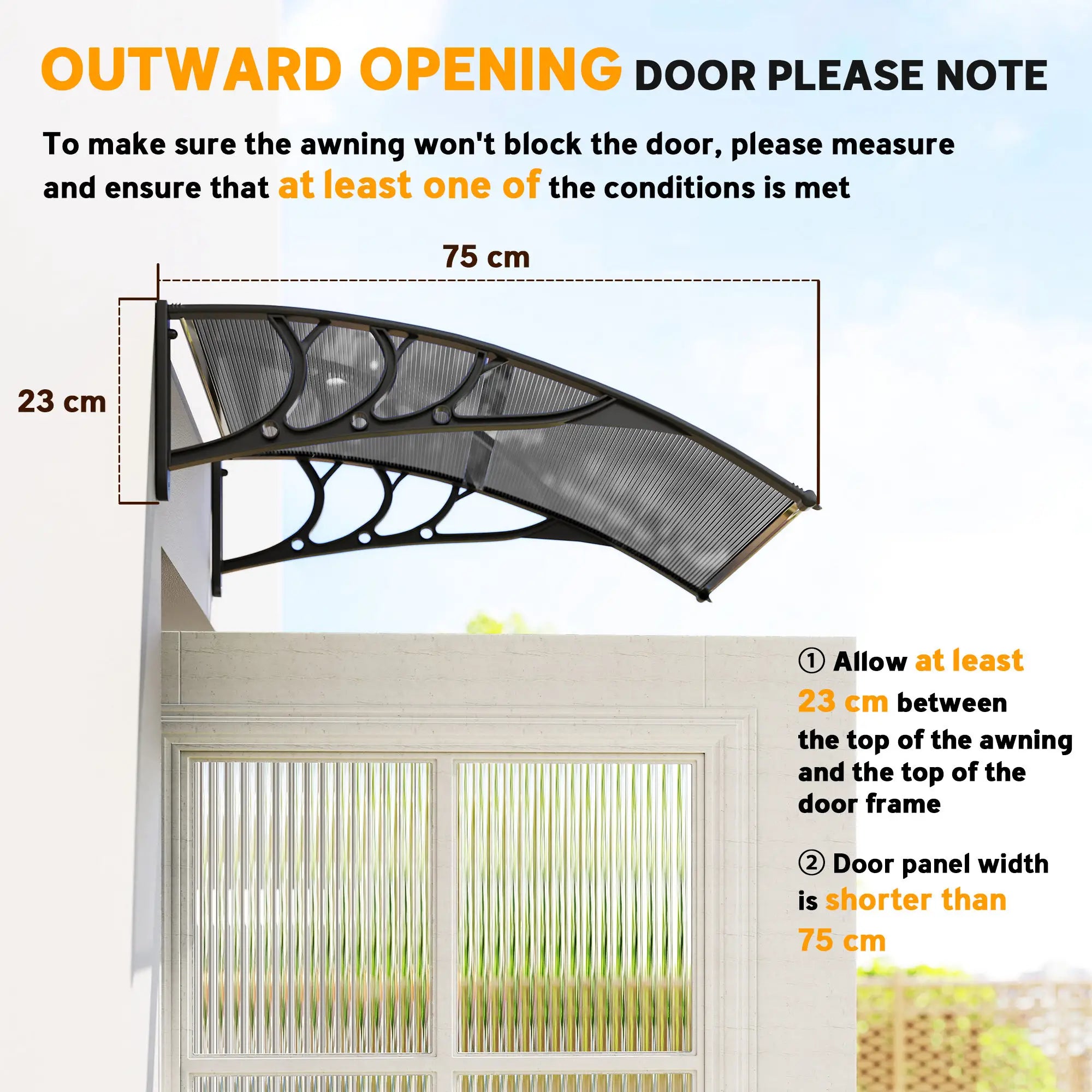 100 x 75cm Black Front/Back Door Canopy - Polycarbonate Rain Shelter - UV/Water/Rain Resistant