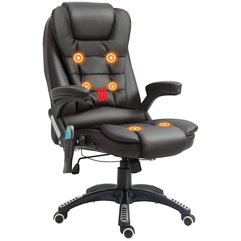 6-Point Heated Massage Office Chair - PU Leather High Back Executive Desk Chair with Adjustable Height & 360° Swivel, Brown