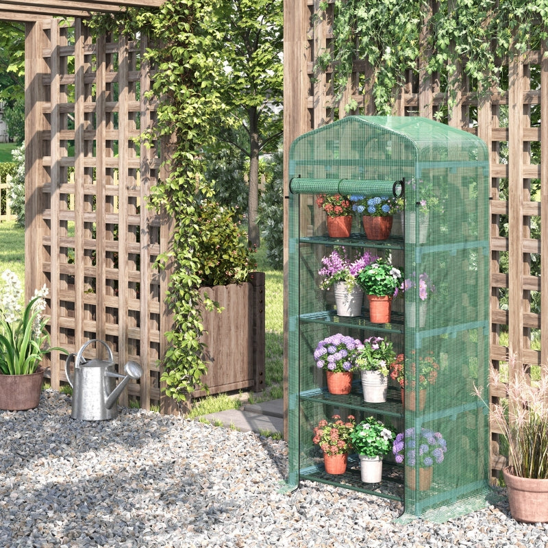 Portable Dark Green 4 Tier Mini Greenhouse with Steel Frame