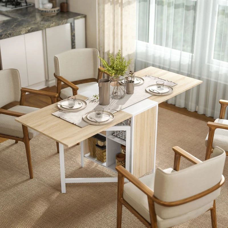 Foldable Drop Leaf Dining Table with Storage Shelves - Compact Oak & White Workstation for Small Spaces