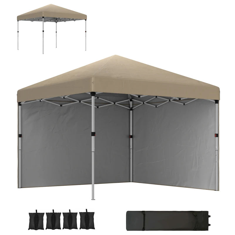 3x3m Khaki Pop Up Gazebo with UPF 30+, 2 Sidewalls, Leg Weight Bags & Wheeled Bag - Height Adjustable Party Tent for Garden & Patio
