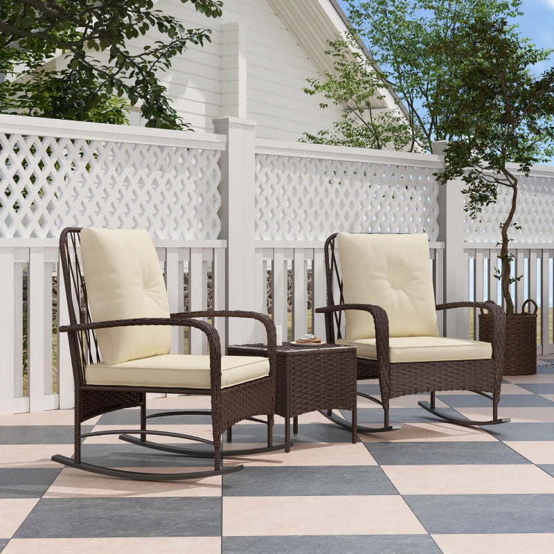 Brown Rattan Three-Piece Rocking Chair Bistro Set - Outdoor Furniture, Comfortable Seating