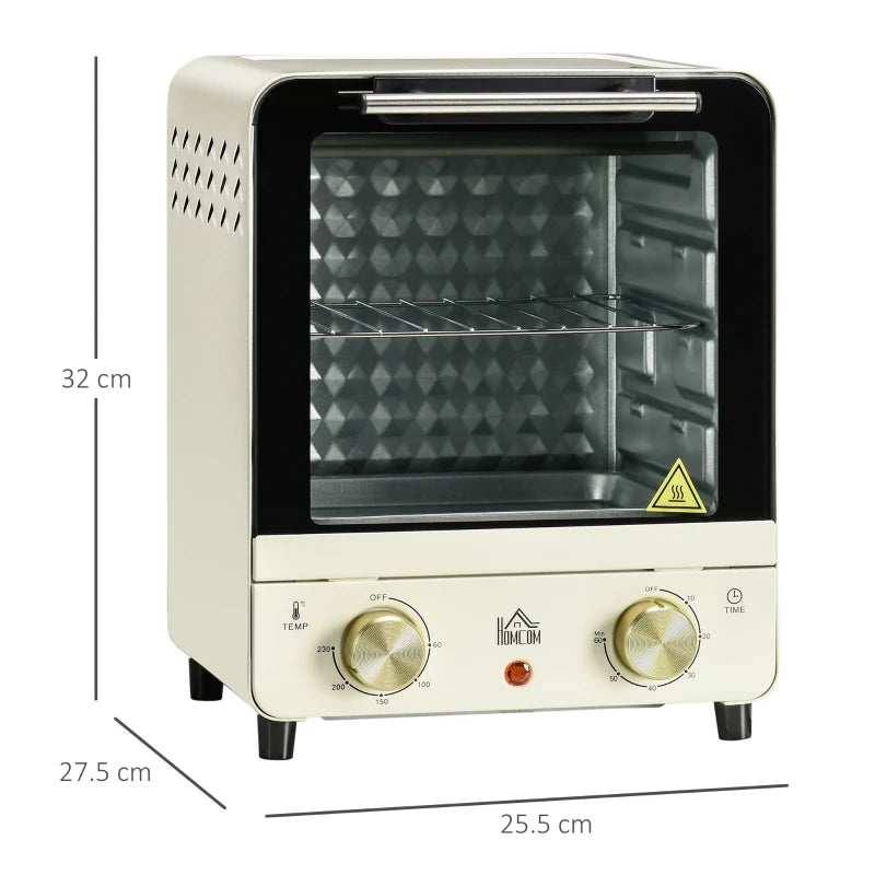 15L Mini Electric Oven & Grill - Adjustable 60-230°C, 60 Min Timer, Includes Baking Tray & Wire Rack, 1000W, Cream White