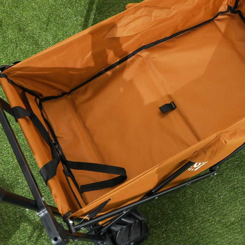Folding Trolley Cart Storage Wagon - Orange 4-Wheel Beach Trailer with Canopy for Shopping and Camping