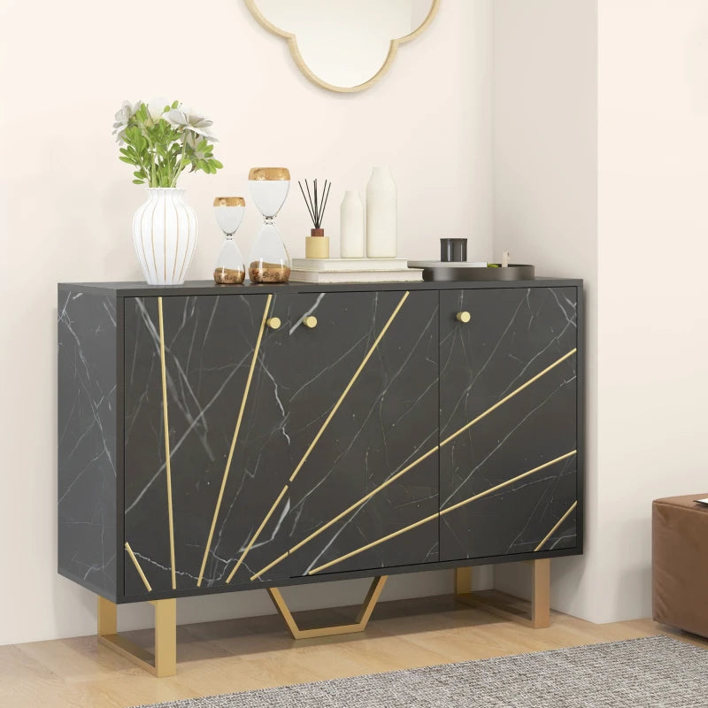 Modern Sideboard Storage Cabinet with Adjustable Shelves & Metal Legs - Black Marble Tone for Living Room, Kitchen, Dining Room, Entryway
