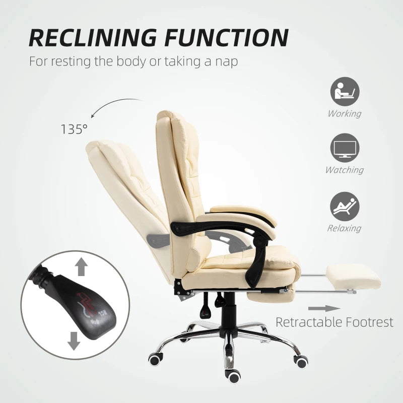 Executive Office Chair - Cream White Home Office Chair with Swivel Wheels, Reclining Backrest & Retractable Footrest