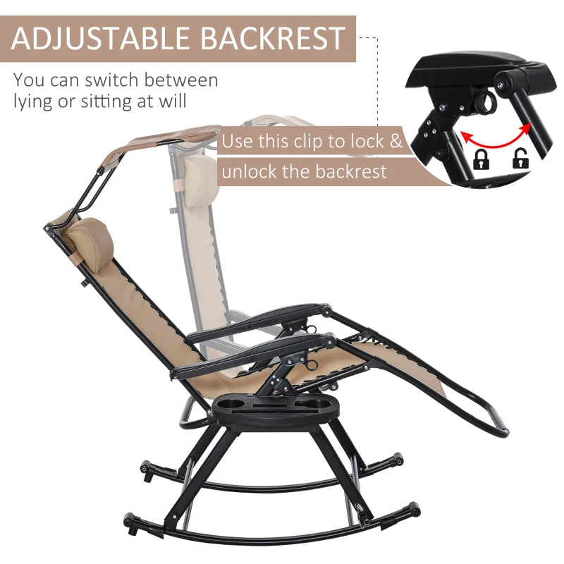 Beige Folding Rocking Sun Lounger Chair with Headrest and Side Holder