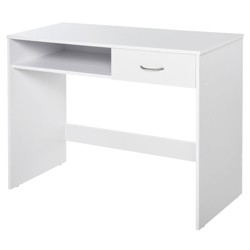Compact White Computer Desk with Drawer & Storage Compartment - Stylish Study Table & Writing Workstation for Home Office