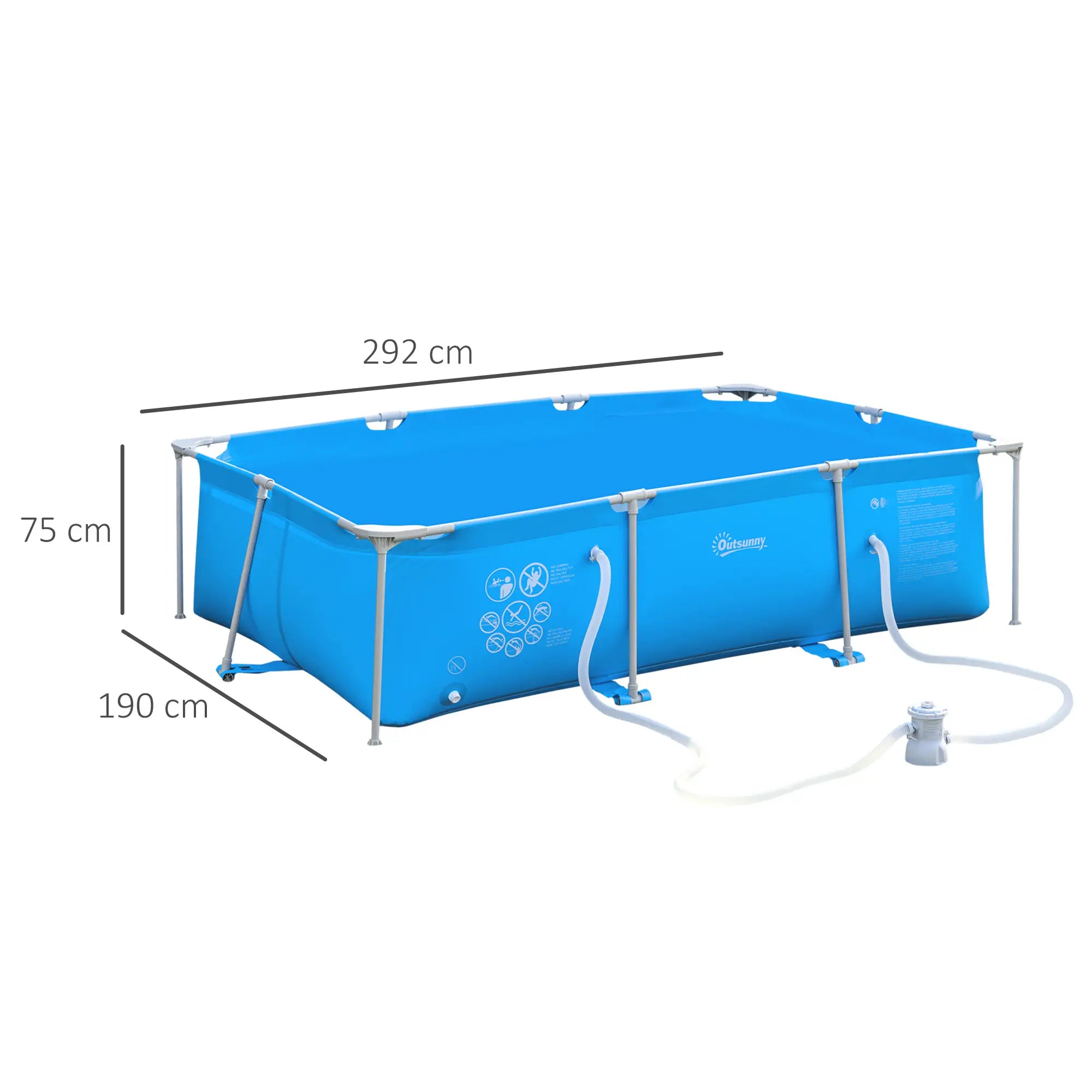 292 x 190 x 75cm Blue Outdoor Swimming Pool  With Filter Pump, Filter Cartridge & Reinforced Sidewalls