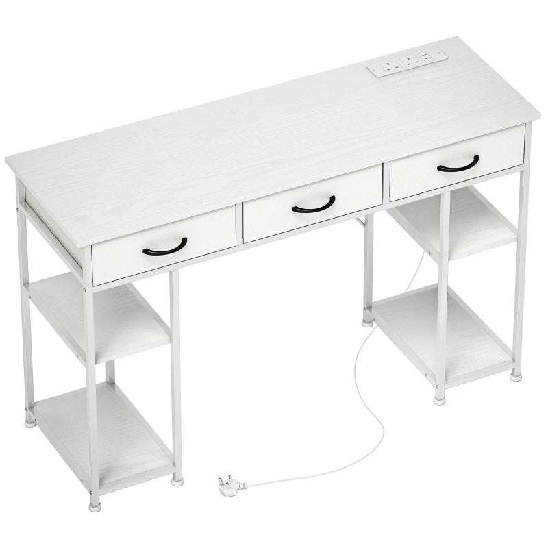 120cm White Computer Desk with Power Outlets, 3 Fabric Drawers & 4 Storage Shelves - Ideal Office Study Table