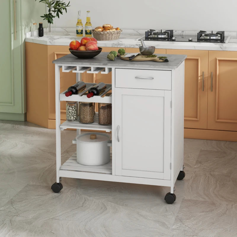 Compact Kitchen Trolley Utility Cart on Wheels with Wine Rack, Drawer & Storage Cabinet - White Dining Room Organizer
