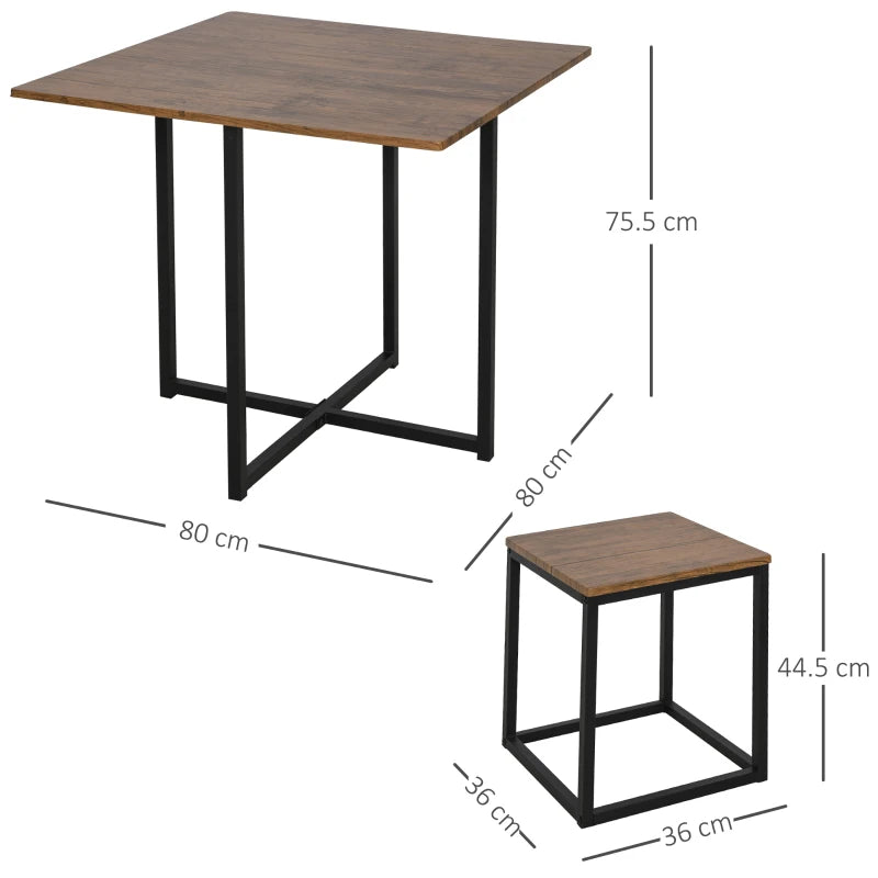 5-Piece Industrial Dining Table & Chairs Set - Space-Saving Metal Frame Square Kitchen Table & Stools - Brown Finish
