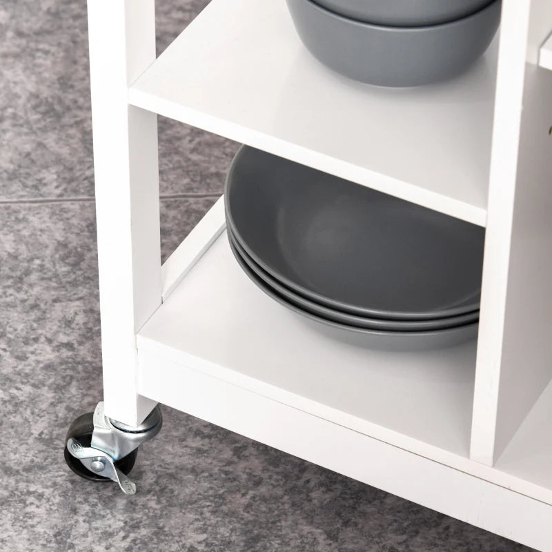 Versatile Kitchen Trolley on Wheels - White Kitchen Island with Wood Top, 3 Shelves & Storage Cupboard