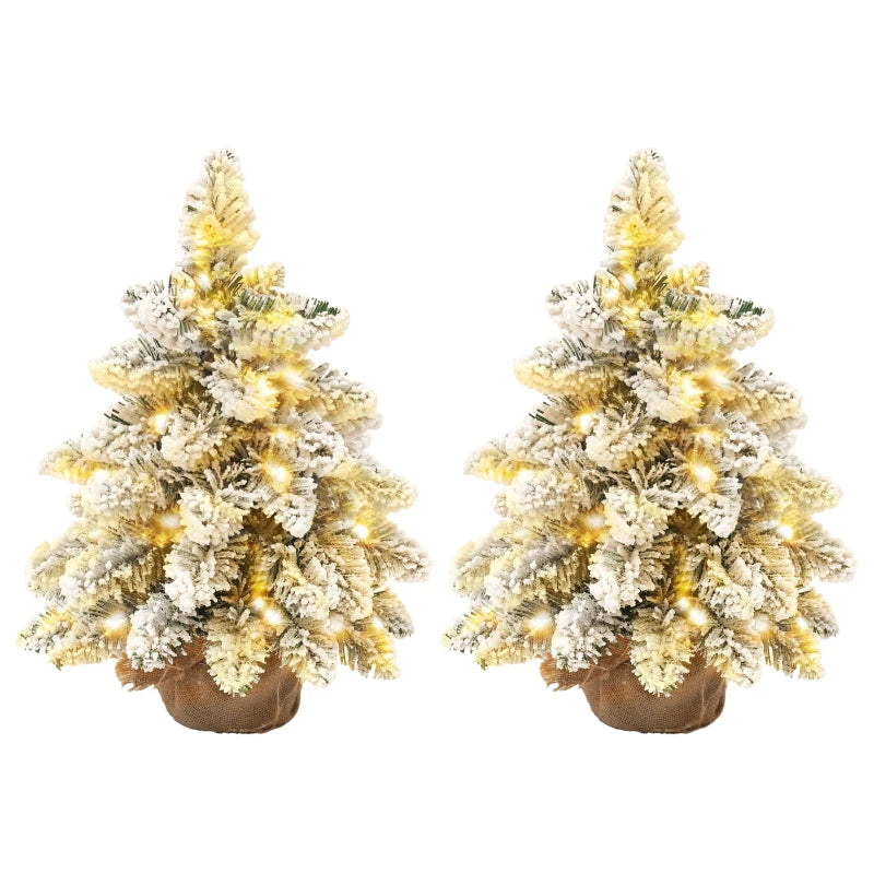Set of 2 Mini 1.5ft Snow Flocked Christmas Trees with Lights - Battery Operated Tabletop Holiday Decor
