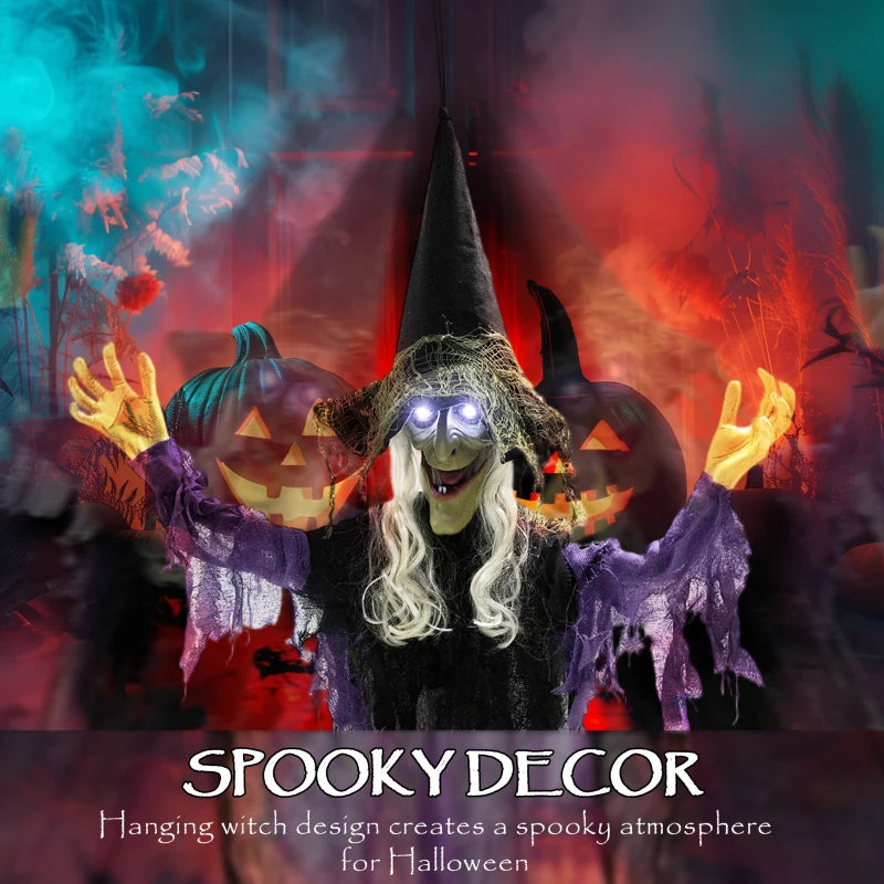 183 cm Life Size Animated Hanging Witch with Glowing LED Eyes - Spooky Halloween Decoration, Battery Operated Indoor Party Prop