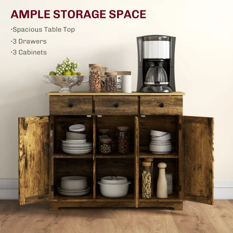 Rustic Brown Sideboard with Rubberwood Top & Adjustable Shelves - Perfect for Dining Room & Kitchen Storage