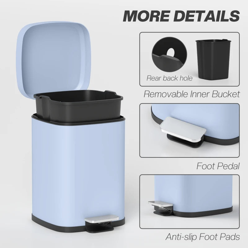 12L Modern Boxy Metal Kitchen Bin - Stylish Light Blue Trash Can for Home Organization & Waste Management