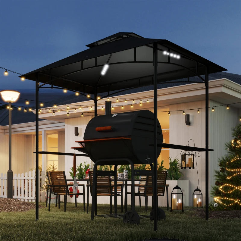 8' x 5' Dark Grey Double Tiered BBQ Grill Gazebo Canopy with LED Lights, 2 Side Shelves and Hooks