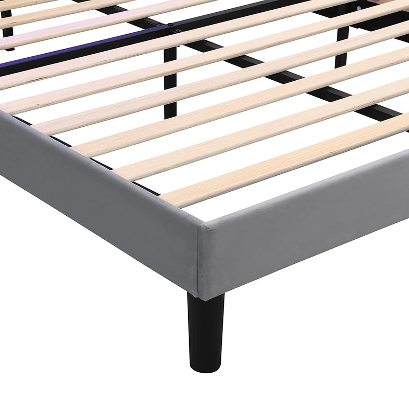 Velvet Upholstered Double Bed with Storage & LED Light Strip, 4 USB Ports, Grey - 204L x 140W x 107H cm