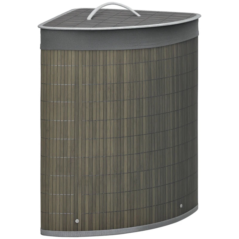 Stylish Grey Bamboo Laundry Basket with Lid - 55L Hamper, Removable Washable Lining, Perfect Corner Storage, 38x38x57cm