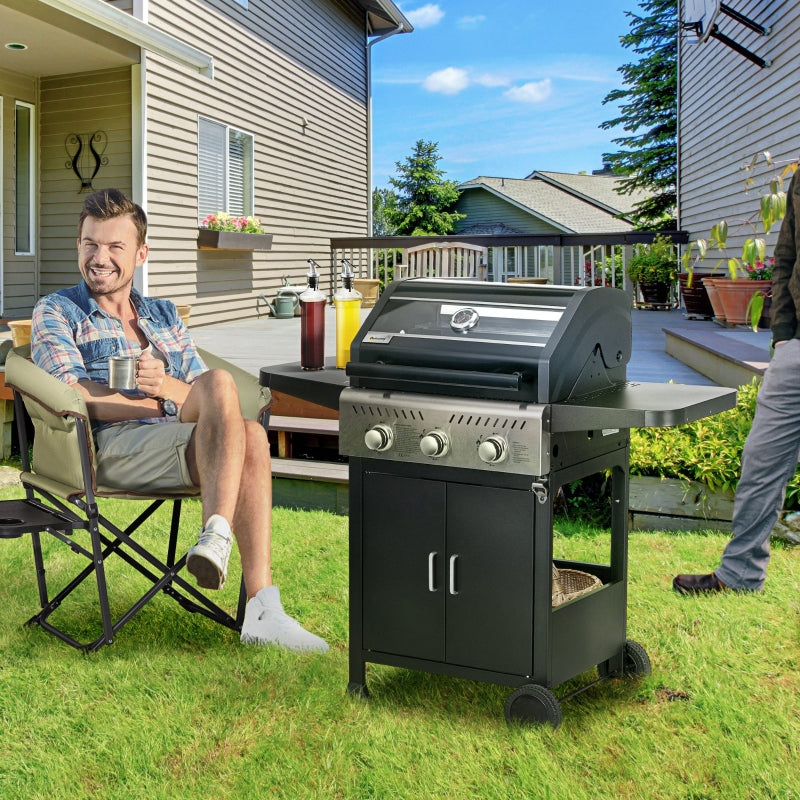 Black 9kW Three-Burner Gas BBQ Grill with See-Through Lid