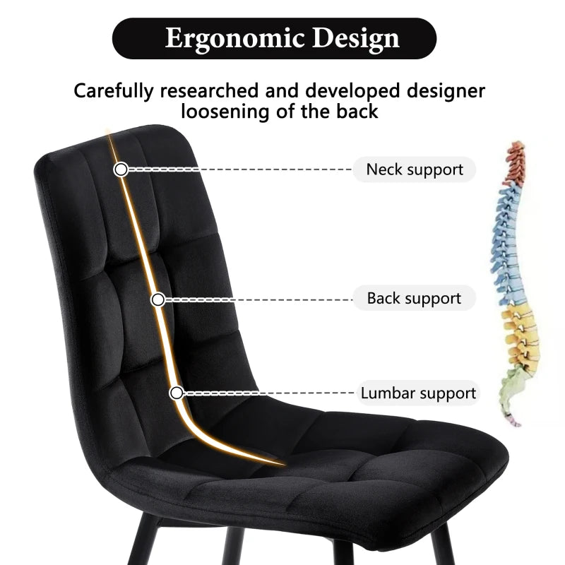 Set of 4 Ergonomic Velvet Dining Chairs with Upholstered Seat and Metal Frame in Black