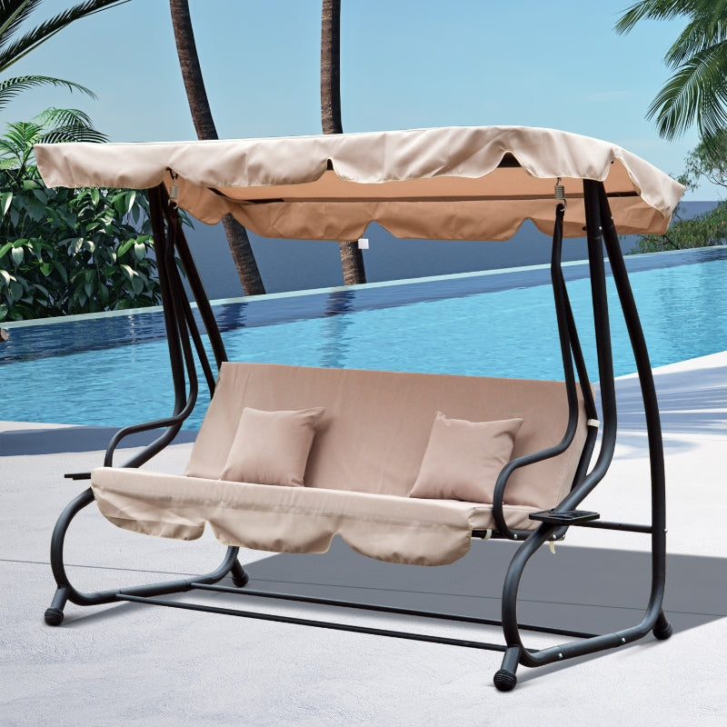 Beige Water-Resistant 3-Seater Swing Chair with Cup Holder