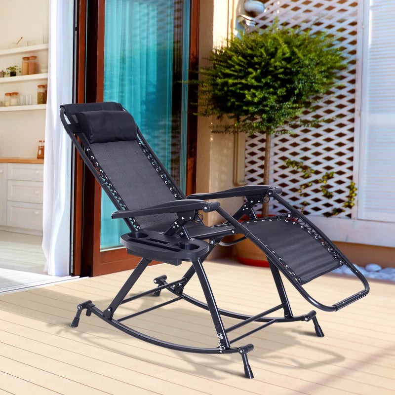 Black Foldable Outdoor Rocking Chair with Sun Lounger and Cup Holder