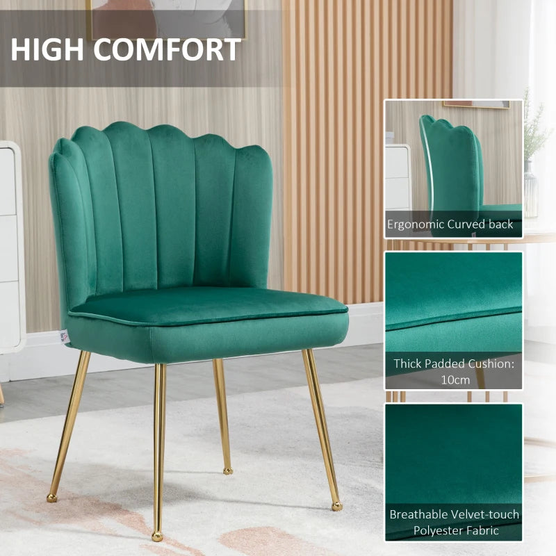 Set of 2 Velvet Upholstered Dining Chairs with Gold Metal Legs, Stylish Lounge Chairs for Kitchen and Living Room, Green
