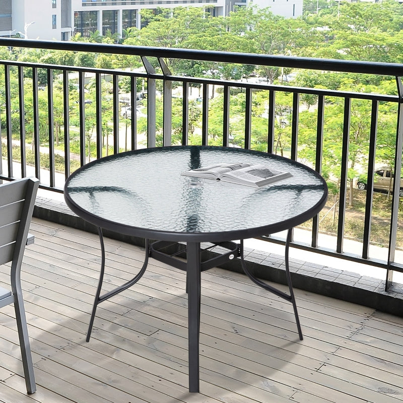 Round Garden Dining Table with Parasol Hole - Black Tempered Glass