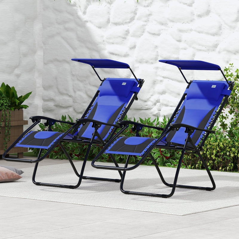 Zero Gravity Lounger Chair Set of 2 - Folding Reclining Patio Chairs with Shade Cover, Cup Holder, Soft Cushion and Headrest for Poolside, Camping - Blue