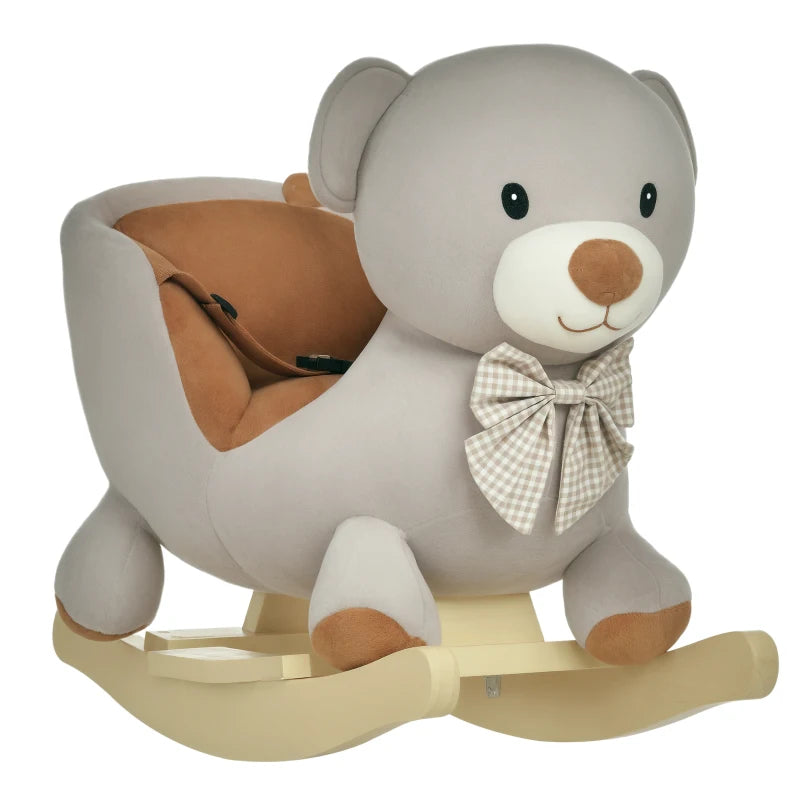 Kids Plush Rocking Horse Ride-On Bear Toy with Sound & Safety Belt - Wooden Base for Toddlers 18-36 Months - Grey