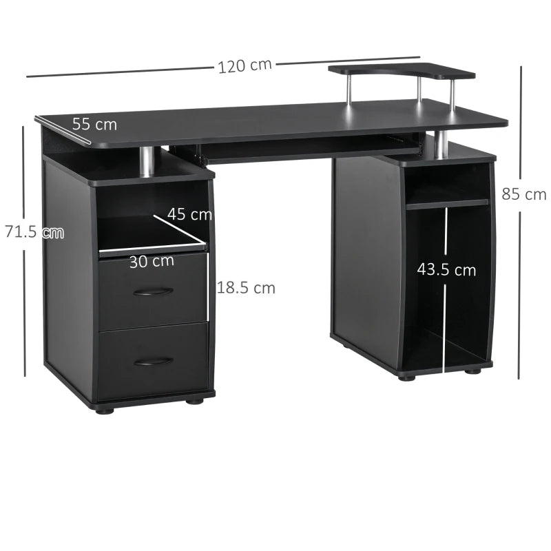 Modern Black Computer Desk with Keyboard Tray, CPU Shelf, Drawers & Sliding Scanner Shelf - Ideal Office Workstation
