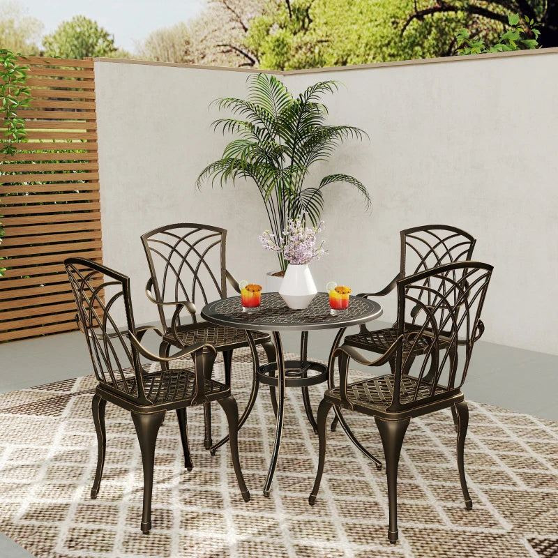 5-Piece Bronze Outdoor Garden Dining Set for 4 - Cast Aluminium Round Table with Parasol Hole and 4 Armchairs