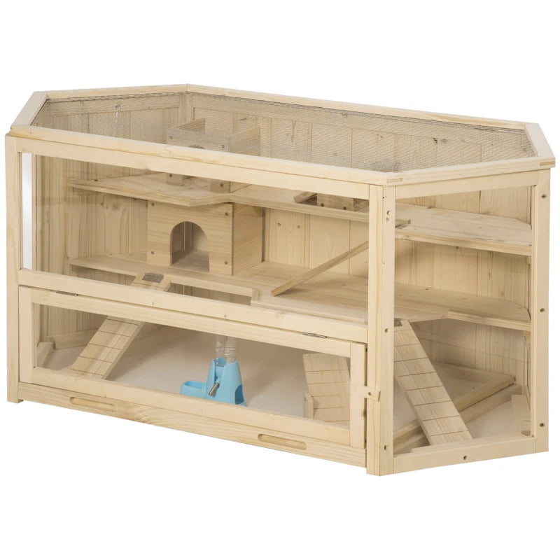 3 Tier Large Wooden Hamster Cage with Sliding Tray, Seesaws & Water Bottle - Natural Habitat for Small Pets