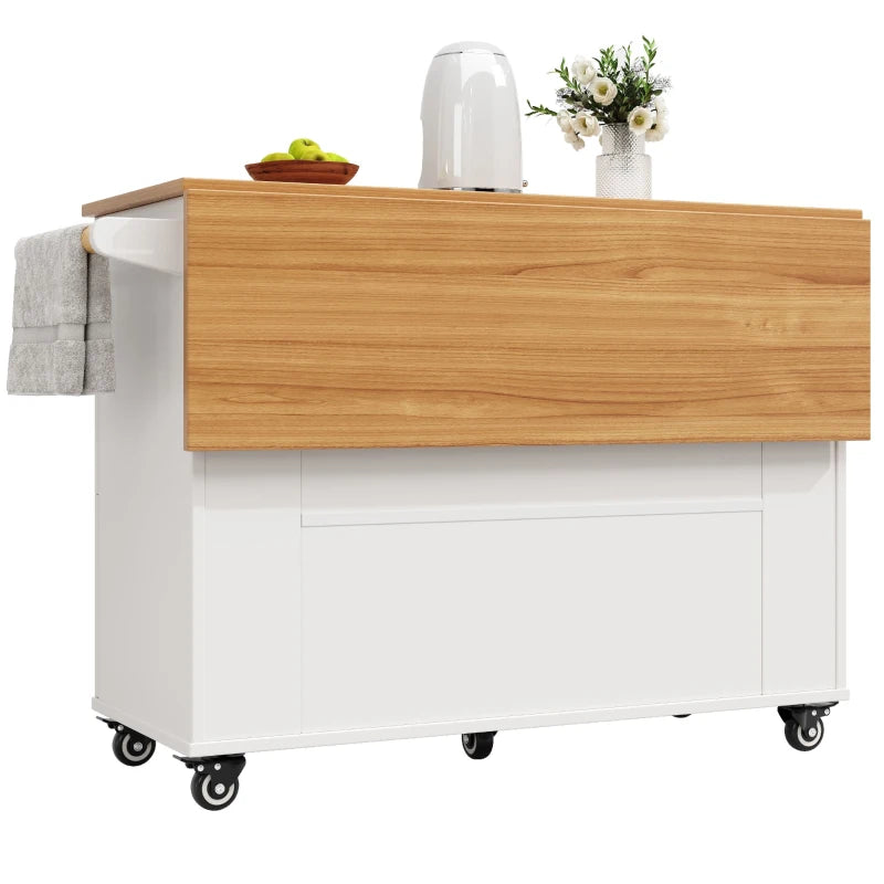 Rolling Mobile Kitchen Island Cart with Drawer & Storage, Drop Leaf, Multi-Functional Design, 133L x 70W x 88H cm, White
