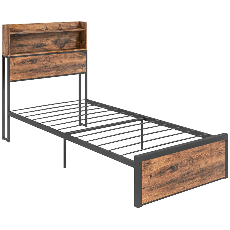 Industrial Single Bed Frame 3.1FT Steel Base with Storage Headboard & Footboard, Slatted Support, Rustic Brown 95x209cm