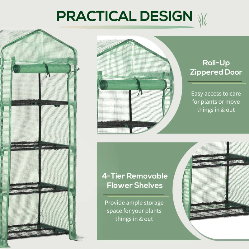 Compact Greenhouse with Steel Frame, 4 Tier, Roll-up Door, 70x50x160 cm, Green